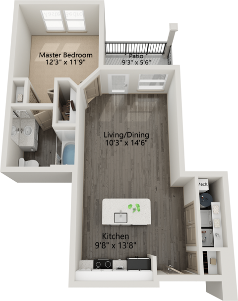 Floor plan for 1 bed, 1 bath, 684 sqft